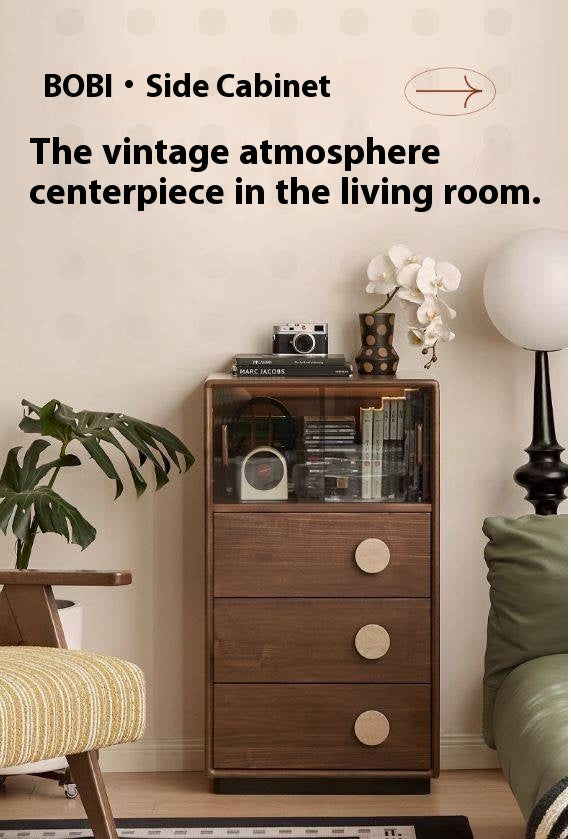 Black Walnut Solid Wood Retro Side Cabinet.