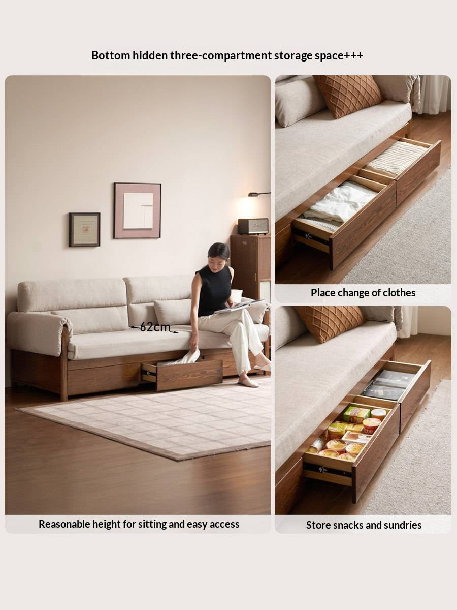 Oak Solid Wood Pull-Out Sleeper Sofa with Under-Seat Storage Drawers