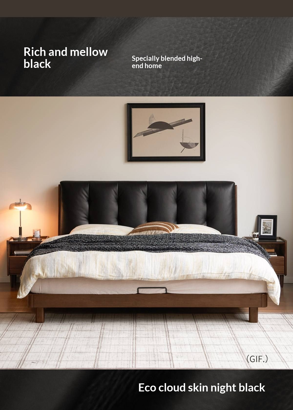 Rubberwood Solid Wood Italian Style Bed with Leather Headboard and Soft Goose Down Cushion
