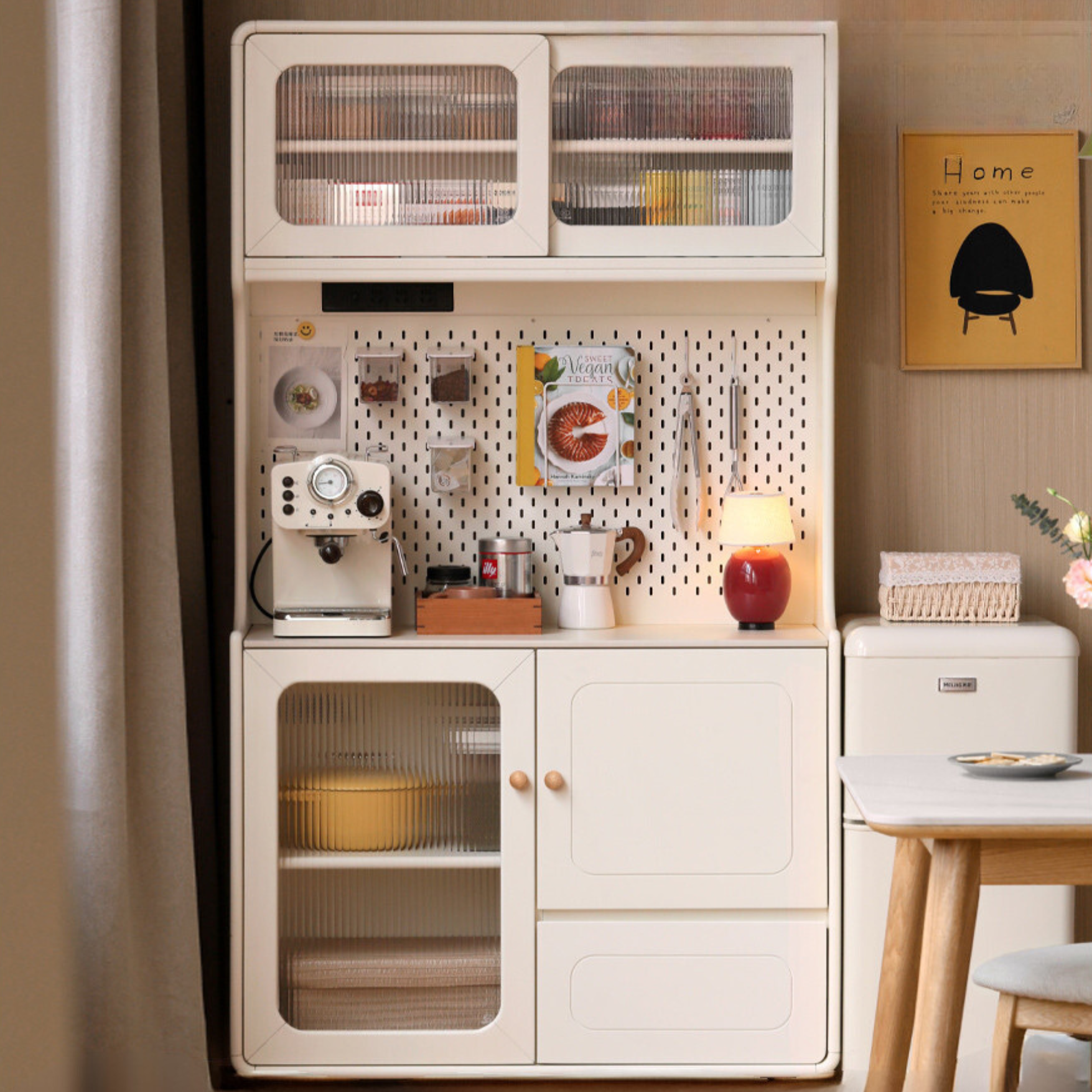 Solid RubberWood Rock Board Cream Style Dining Sideboard