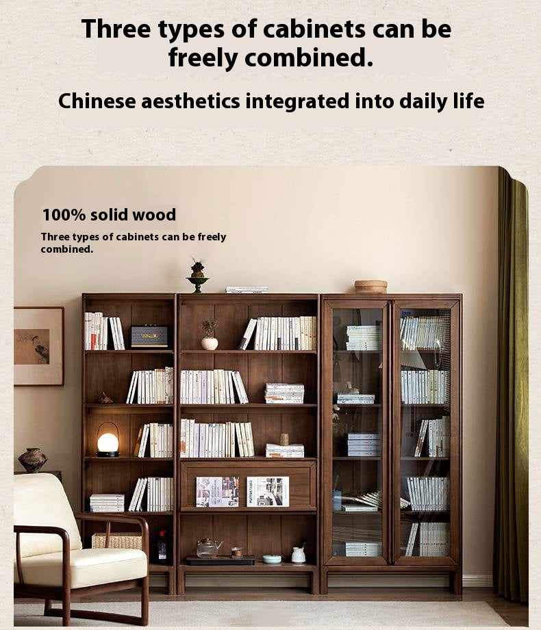 Black Walnut, Oak Solid Wood Nordic Bookcase with Glass Door