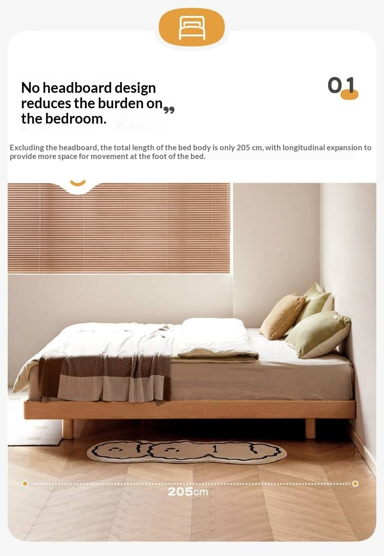 Beech Solid Wood Modern Minimalist Floating Platform Bed — Headboard-Free