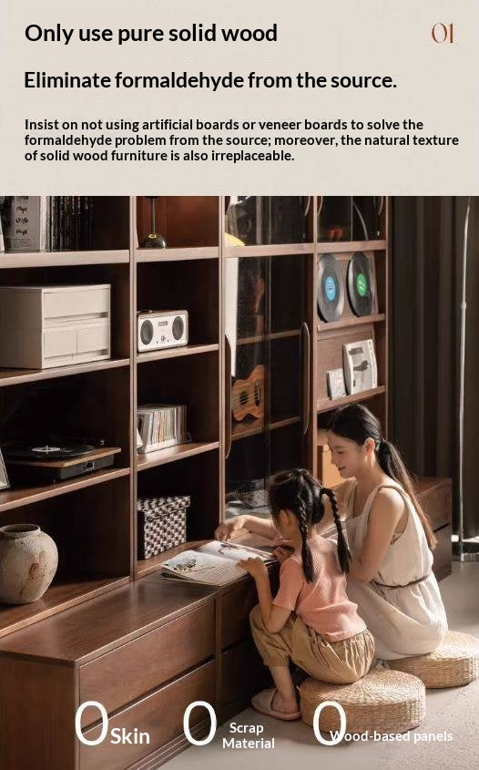 Solid Longan Hardwood, Ash Solid Wood Bookcase with Floor-to-Deck and Wall-Mounted Display Cabinet