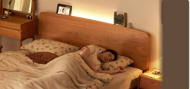 Cherry Solid Wood Bed — Retro Simple Luminous Bed with Charging and Storage