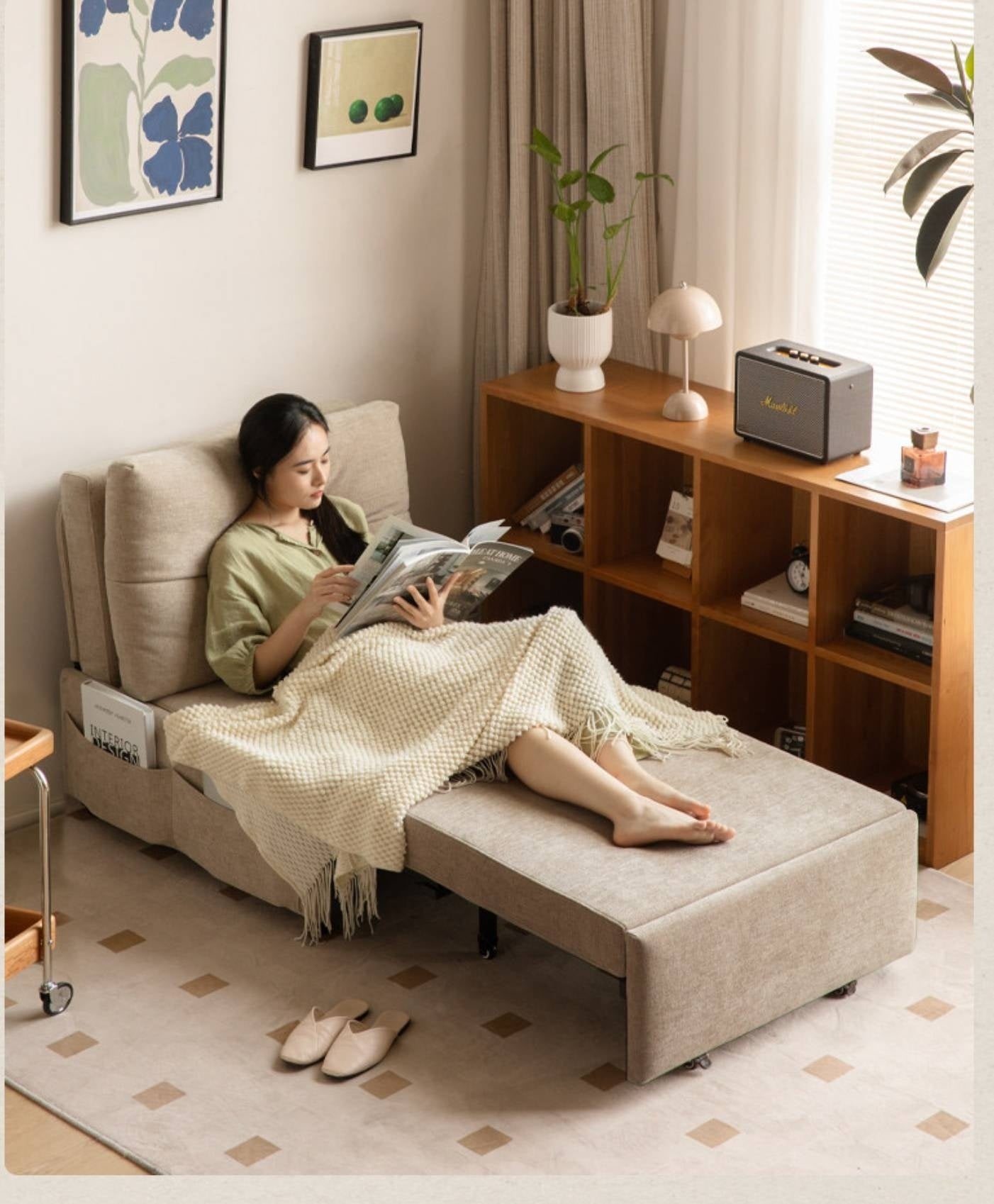 Fabric Convertible Sleeper Chair with Side Storage Pocket