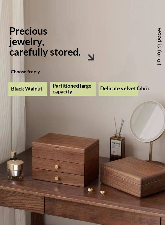 Black Walnut Solid Wood Jewelry Box with Large Capacity for Earrings and Necklaces