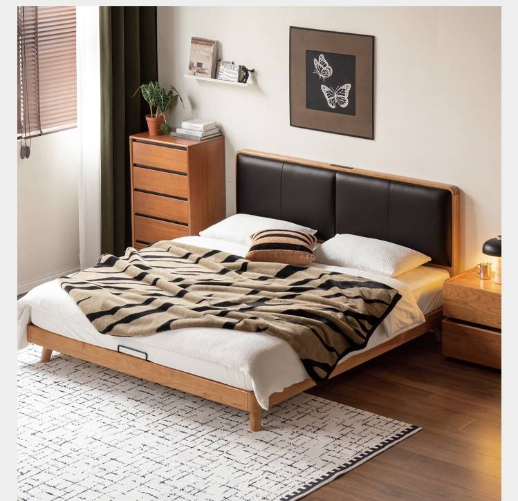 Cherry Solid Wood Bed with Top Layer Cowhide Soft Headboard Retro Style