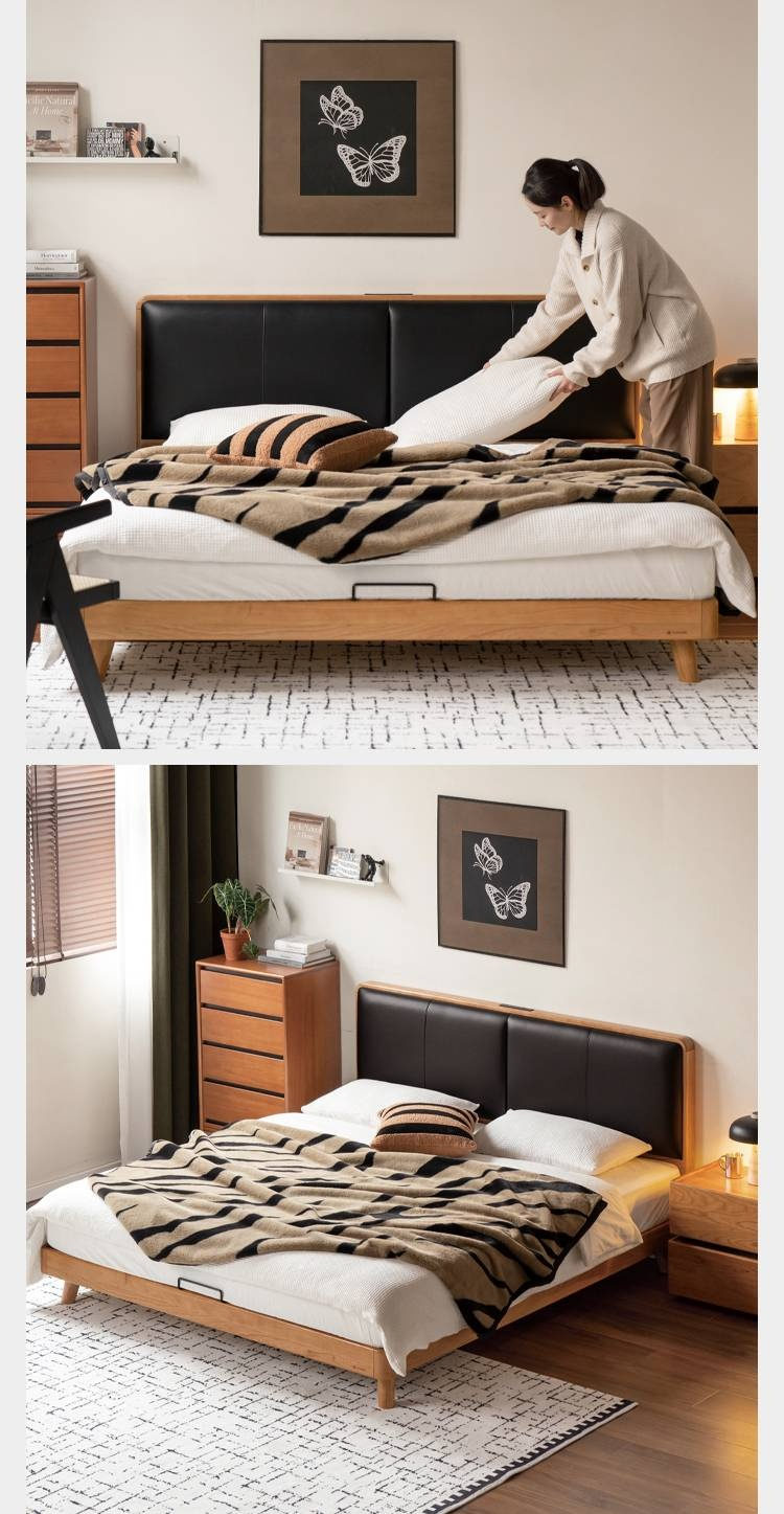 Cherry Solid Wood Bed with Top Layer Cowhide Soft Headboard Retro Style