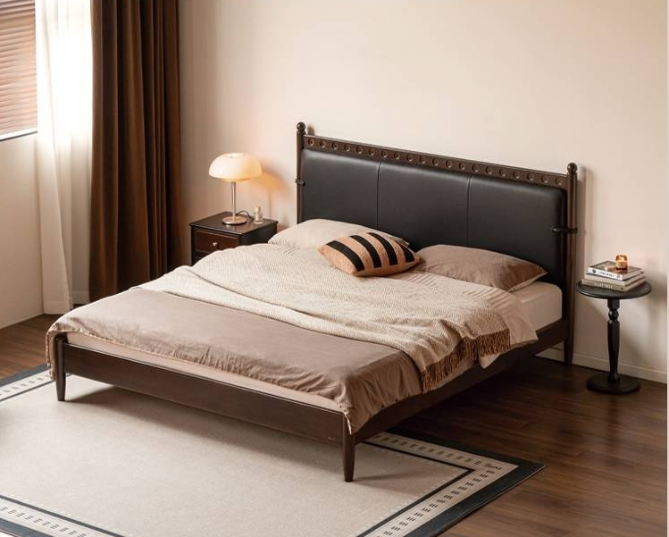 Poplar Solid Wood Genuine Leather Soft Backrest Bed Retro Vintage