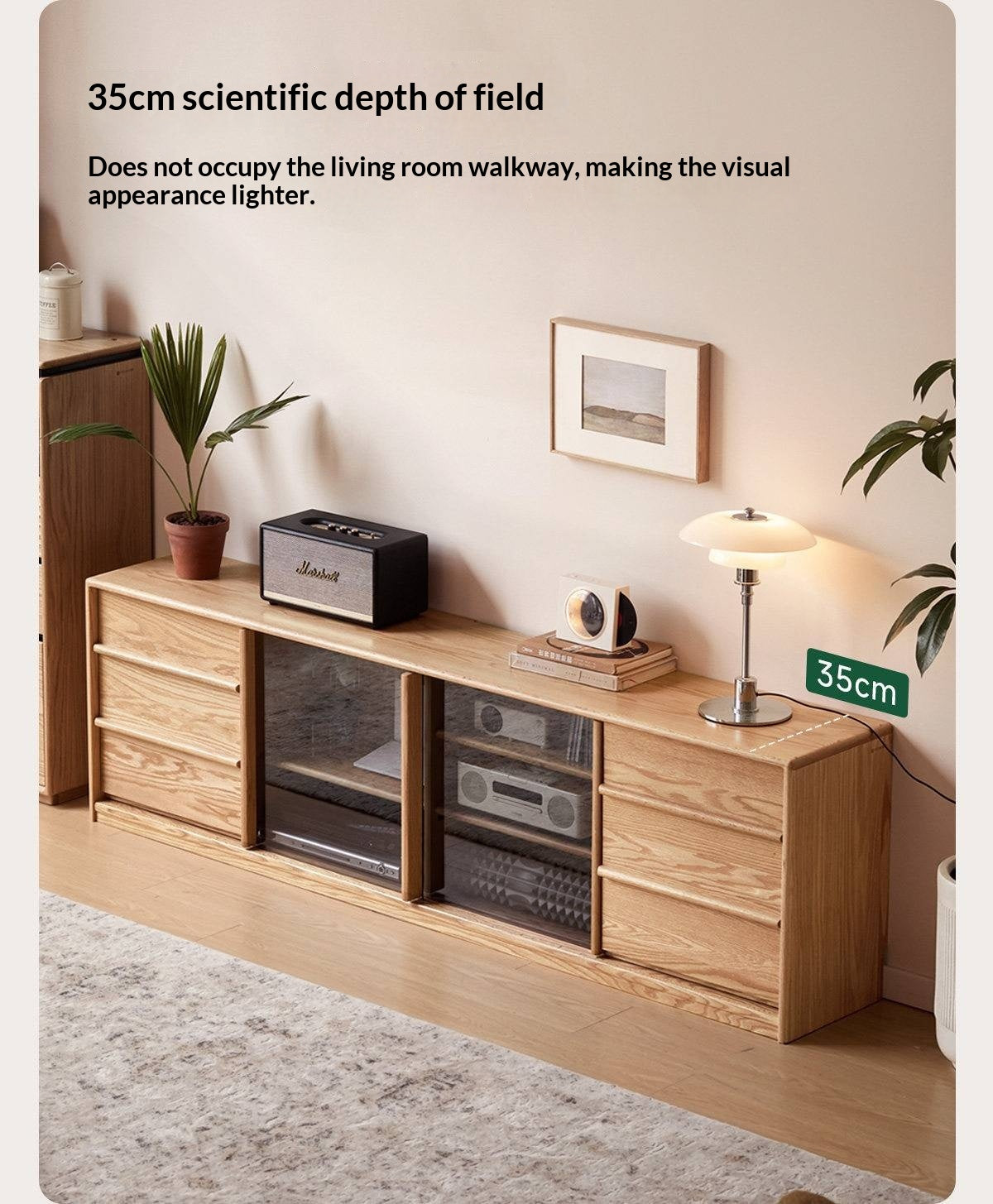 Oak Solid Wood TV Stand with Sliding Glass Doors and Drawers