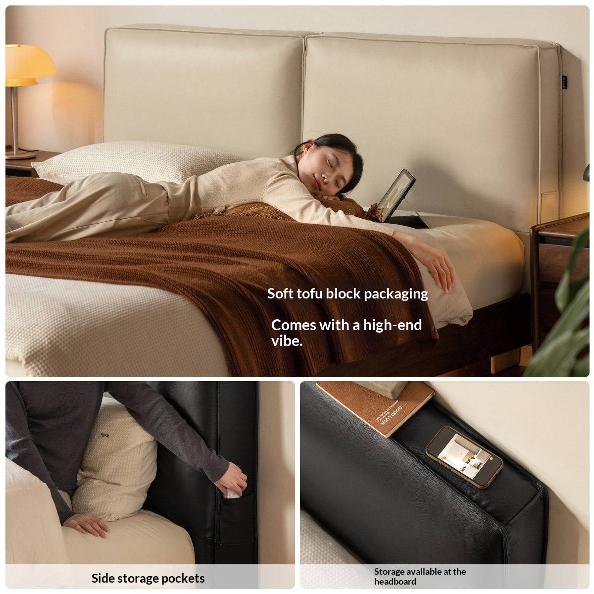 Black Walnut Solid Wood Box Bed — Italian Light Luxury, Genuine Leather Upholstered Headboard