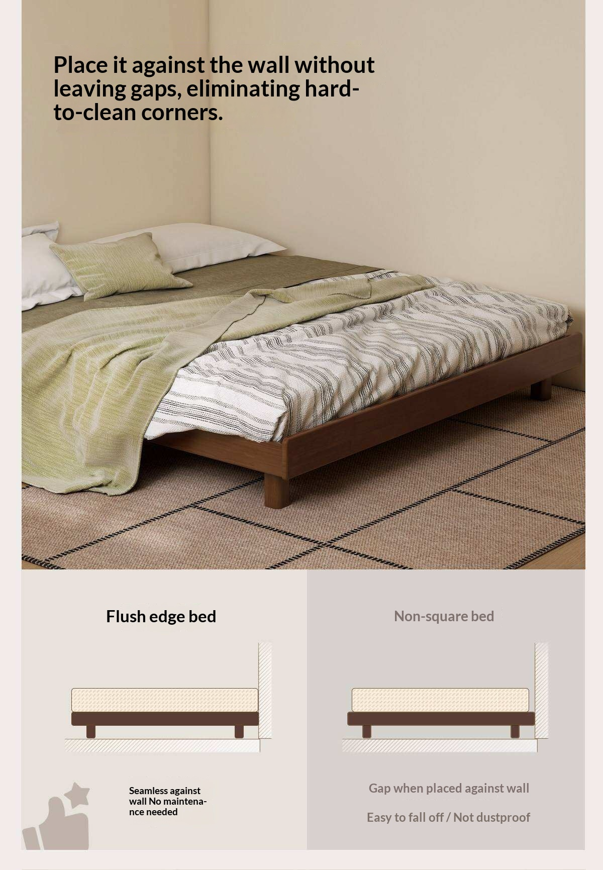 Rubberwood Solid Wood Modern Low Platform Bed Without Headboard
