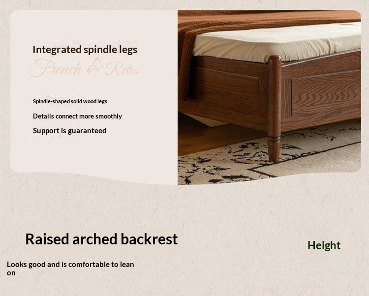 Oak Solid Wood Box Bed with Upholstered Vertical Channel Tufted Arched Headboard