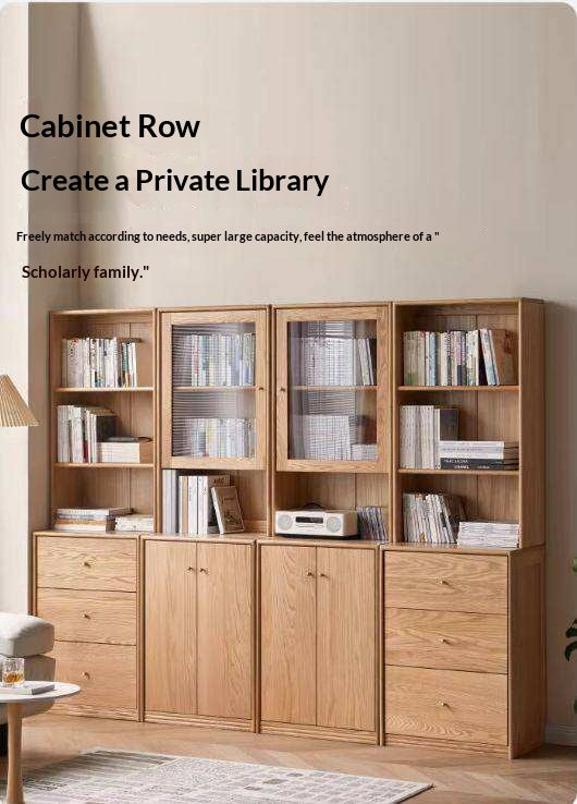 Oak Solid Wood Floor-To-Ceiling Combination Bookshelf, Glass Bookcase