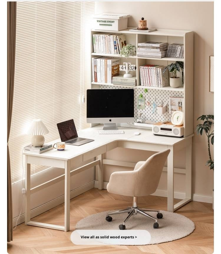 Oak Solid Wood Modern Cream Style Desk and Bookshelf Integrated