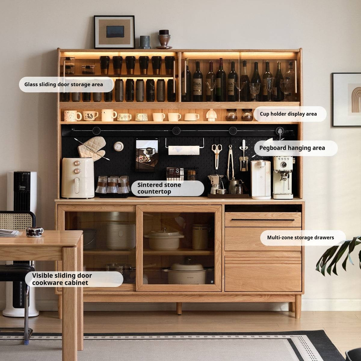 Oak Solid Wood Buffet Cabinet with Slab Surface, Sideboard