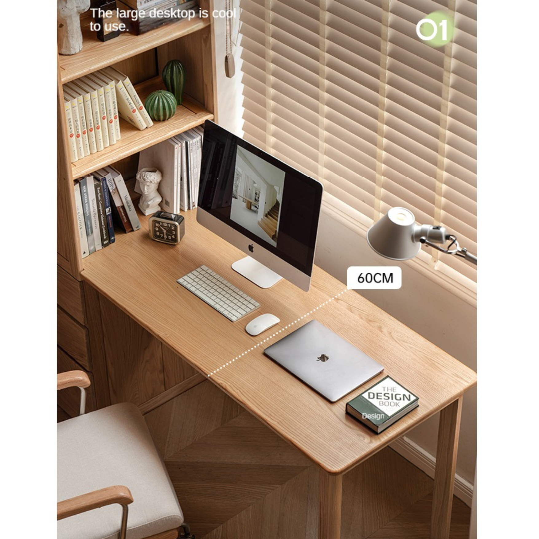 Oak Solid Wood Desk with Bookshelf and Drawer