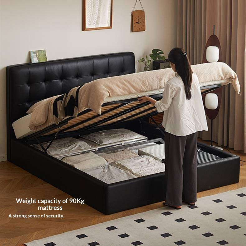 Genuine Leather Retro Box Bed — Black Upholstered, Simple Design
