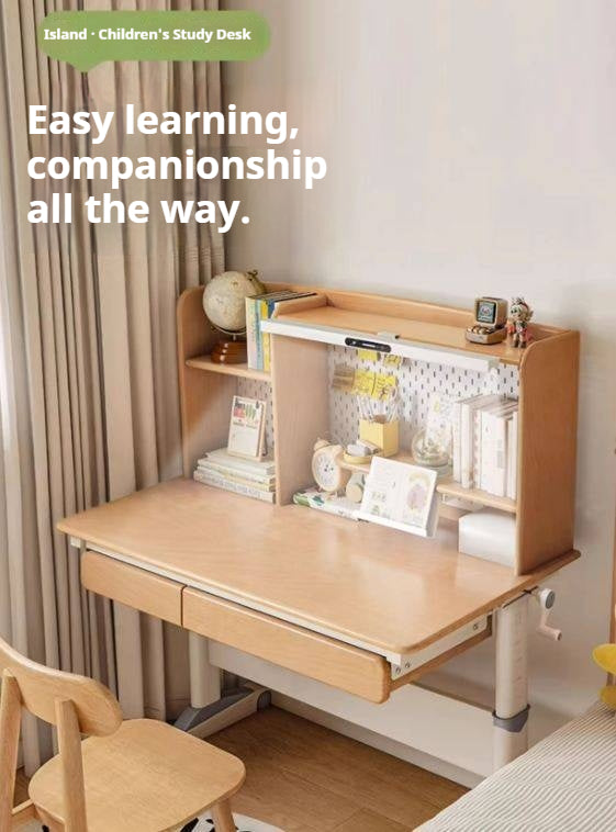 Beech Solid Wood Height-Adjustable Kids Desk with Bookshelf Hutch