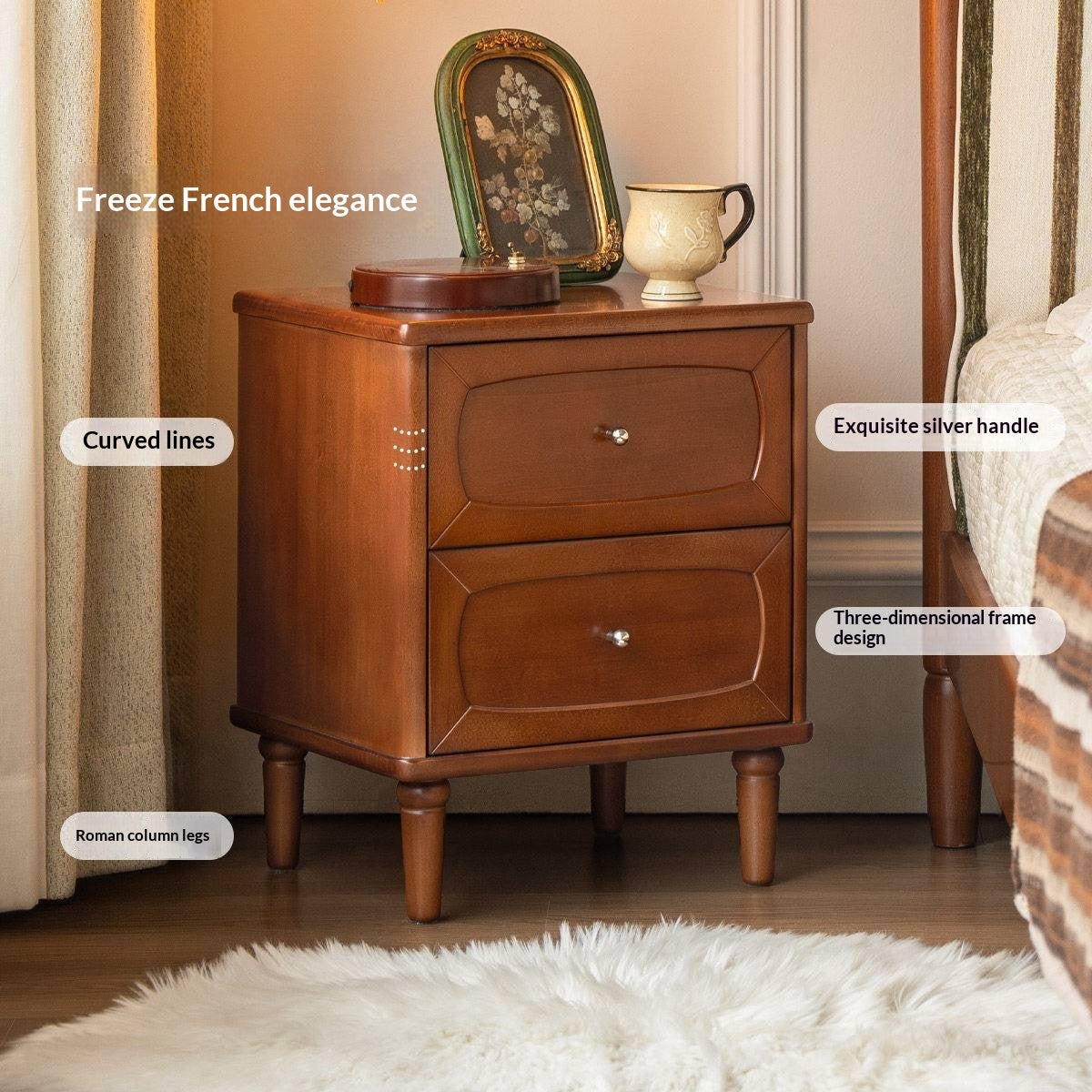 Black Walnut, Poplar Solid Wood French Retro Style Nightstand