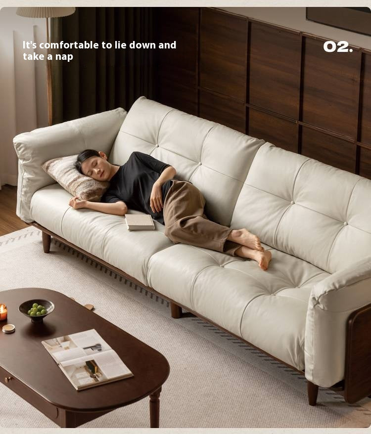 Black Walnut, Oak Solid Wood Genuine Leather Sofa Italian-Inspired