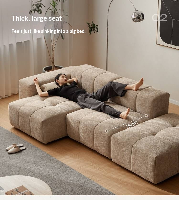 Pine Solid Wood Modular Sectional Sofa in Chenille Faux Linen with Feather-Filled Cushions, Chaise and Ottoman Options
