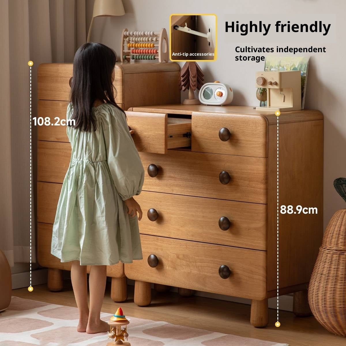 Solid Rubberwood Original Wood Style Children's Chest of Drawers
