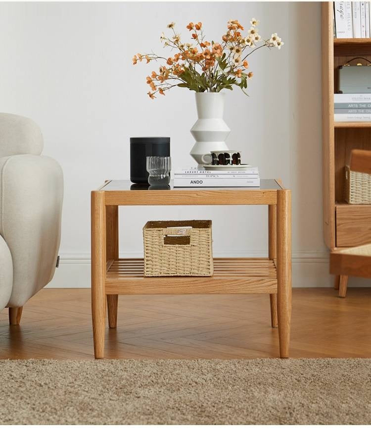 Oak Solid Wood Nordic Glass Coffee Table.