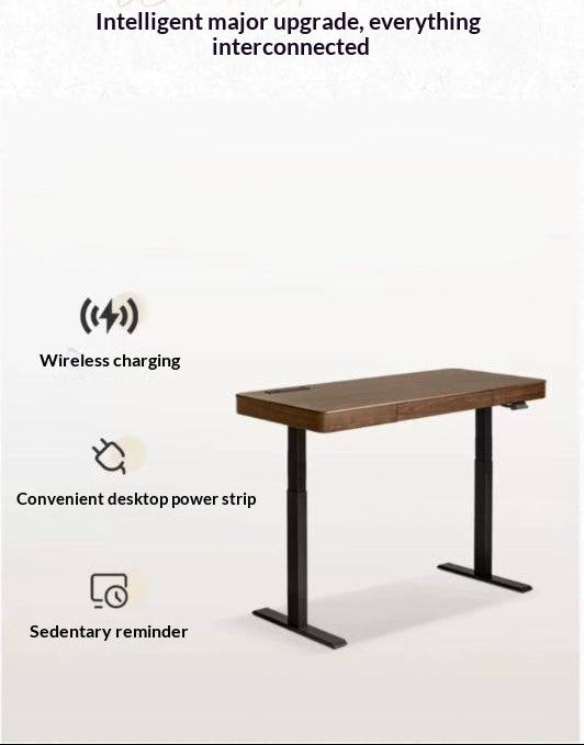 Black Walnut Solid Wood Electric Lift table Computer desk wireless phone charging, power outlet