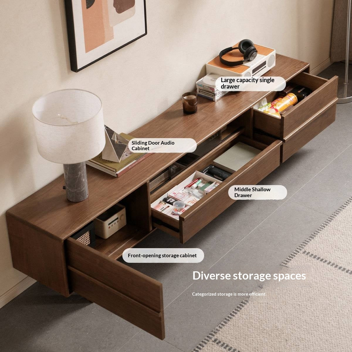 Black Walnut Solid Wood Luxury Style TV Cabinet with Slab Top and Storage