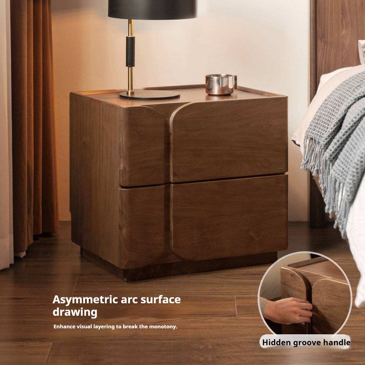 Black Walnut Solid Wood Nightstand with Light Luxury Storage Cabinet