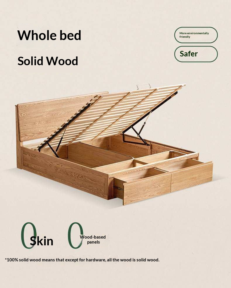 Oak Solid Wood Storage Bed with Hydraulic Lift-Up Frame and drawers
