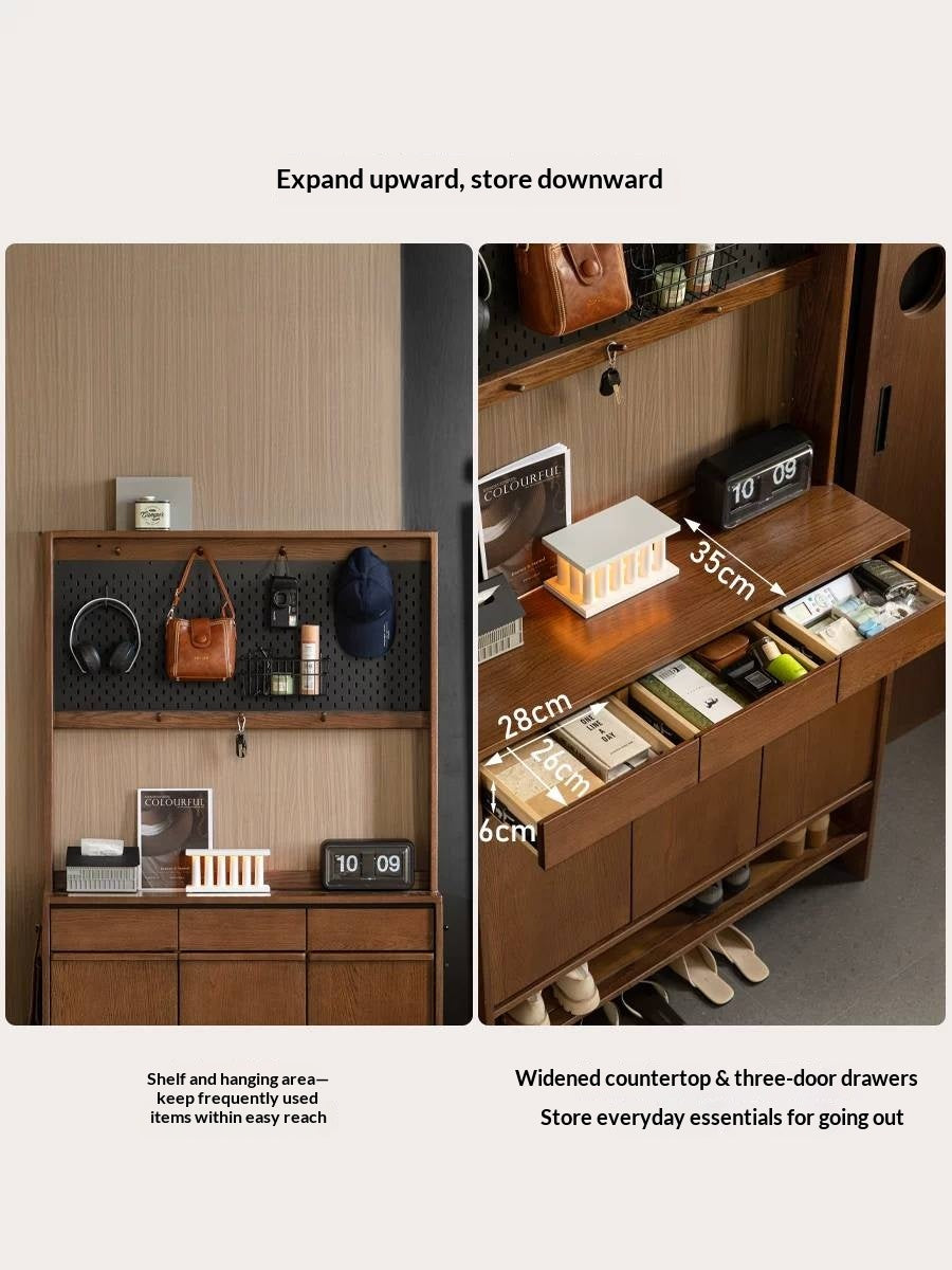 Oak Solid Wood Large Entryway Shoe Cabinet with Pegboard Hutch and Drawers, Walnut Finish