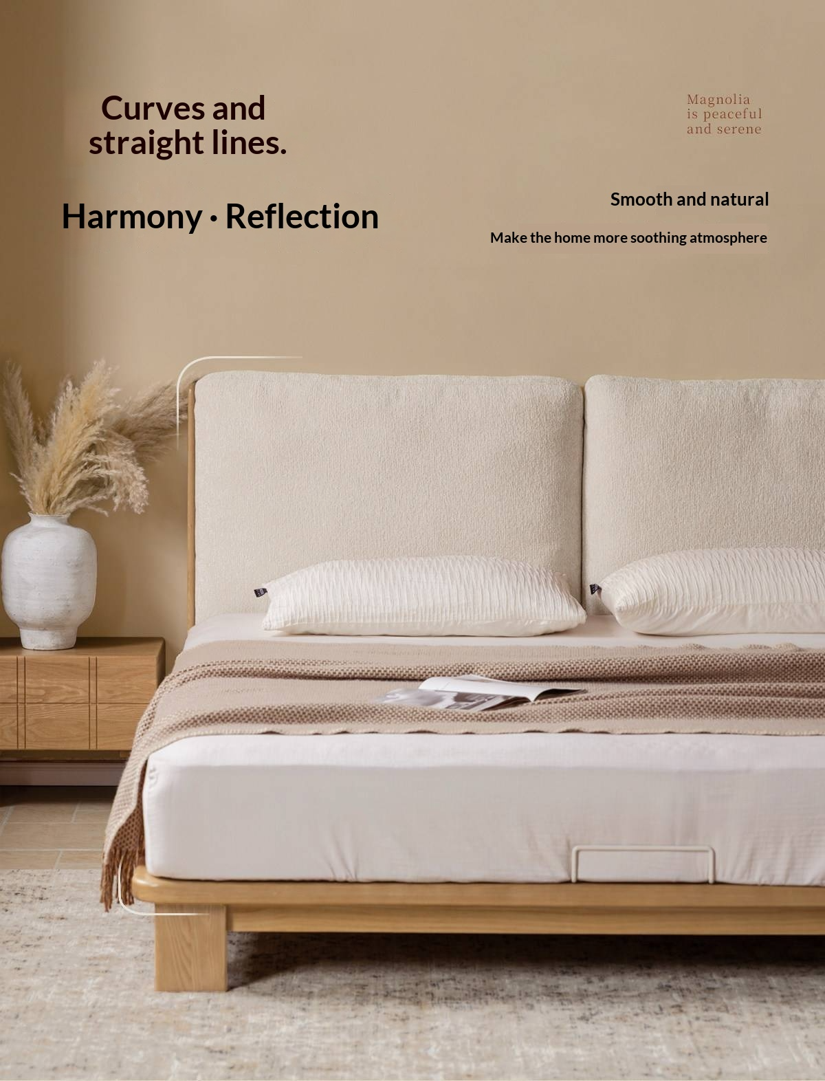 Ash Solid Wood Platform Bed with Split Panel Upholstered Headboard