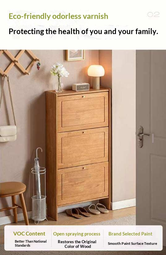 Oak Solid Wood Flip-Front Shoe Cabinet with Compact Vertical Design
