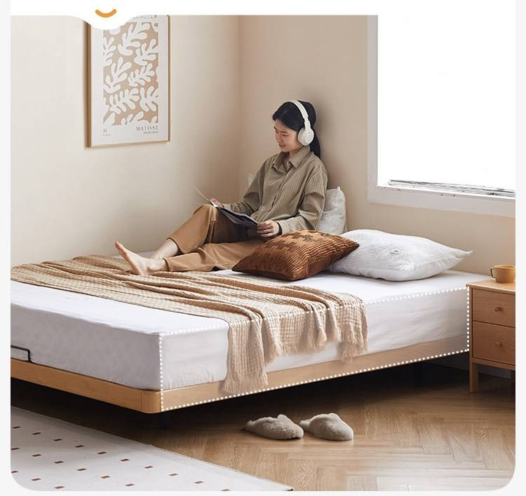Beech Solid Wood Platform Bed, Headboard-Free Bed, Flush-Edge Floating Bed