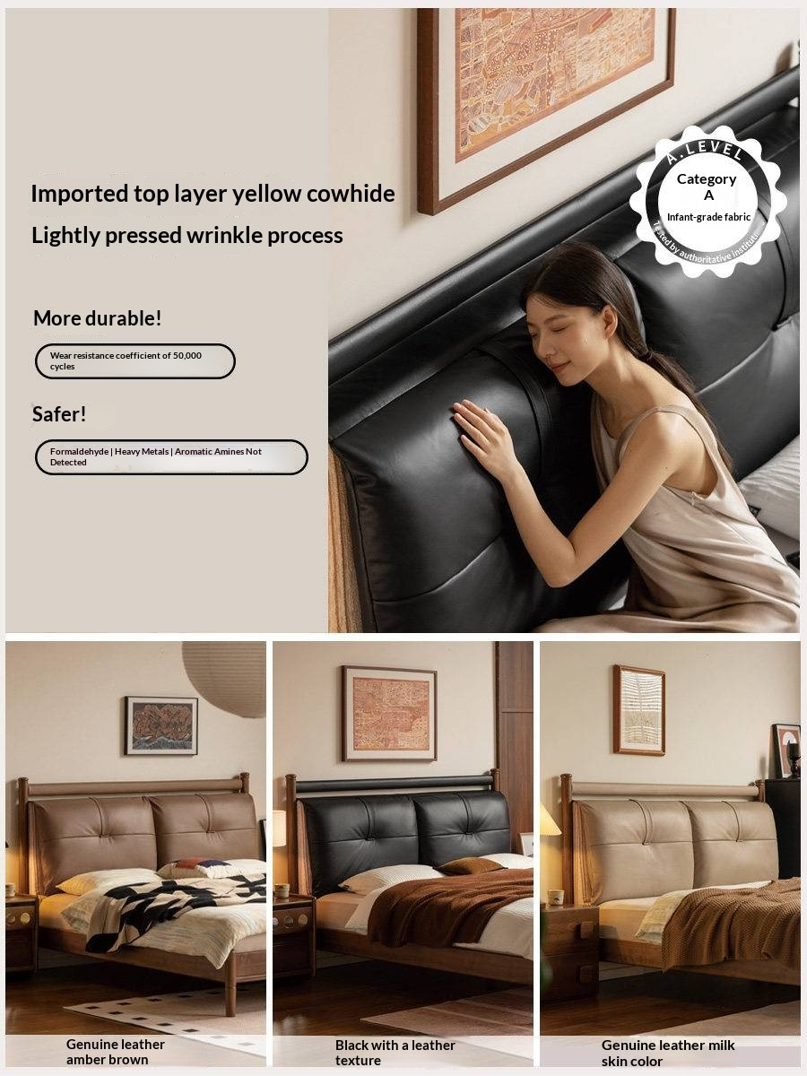 Black Walnut Solid Wood Bed with Plush Genuine Leather Cushioned Headboard
