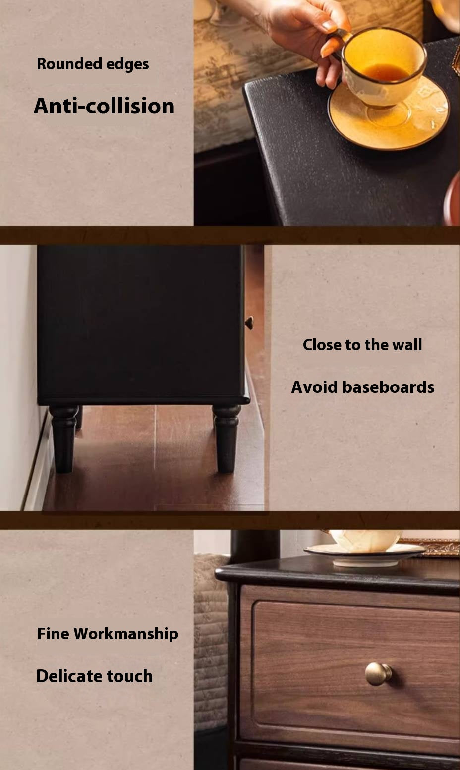 Black Walnut, Solid Rubberwood American Retro Style Nightstand