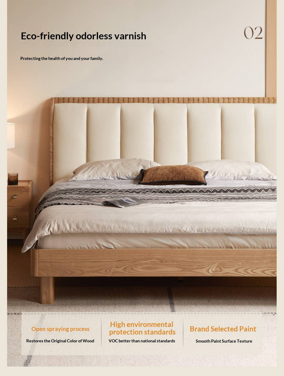 Ash Solid Wood Bed with Genuine Leather Upholstered Headboard
