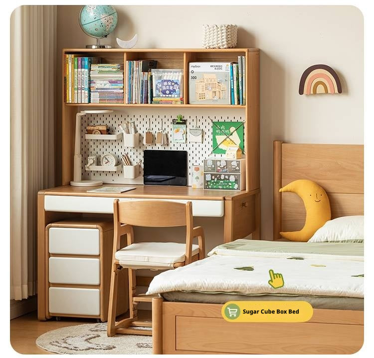 Beech Solid Wood Bookshelf Integrated Children's Desk.