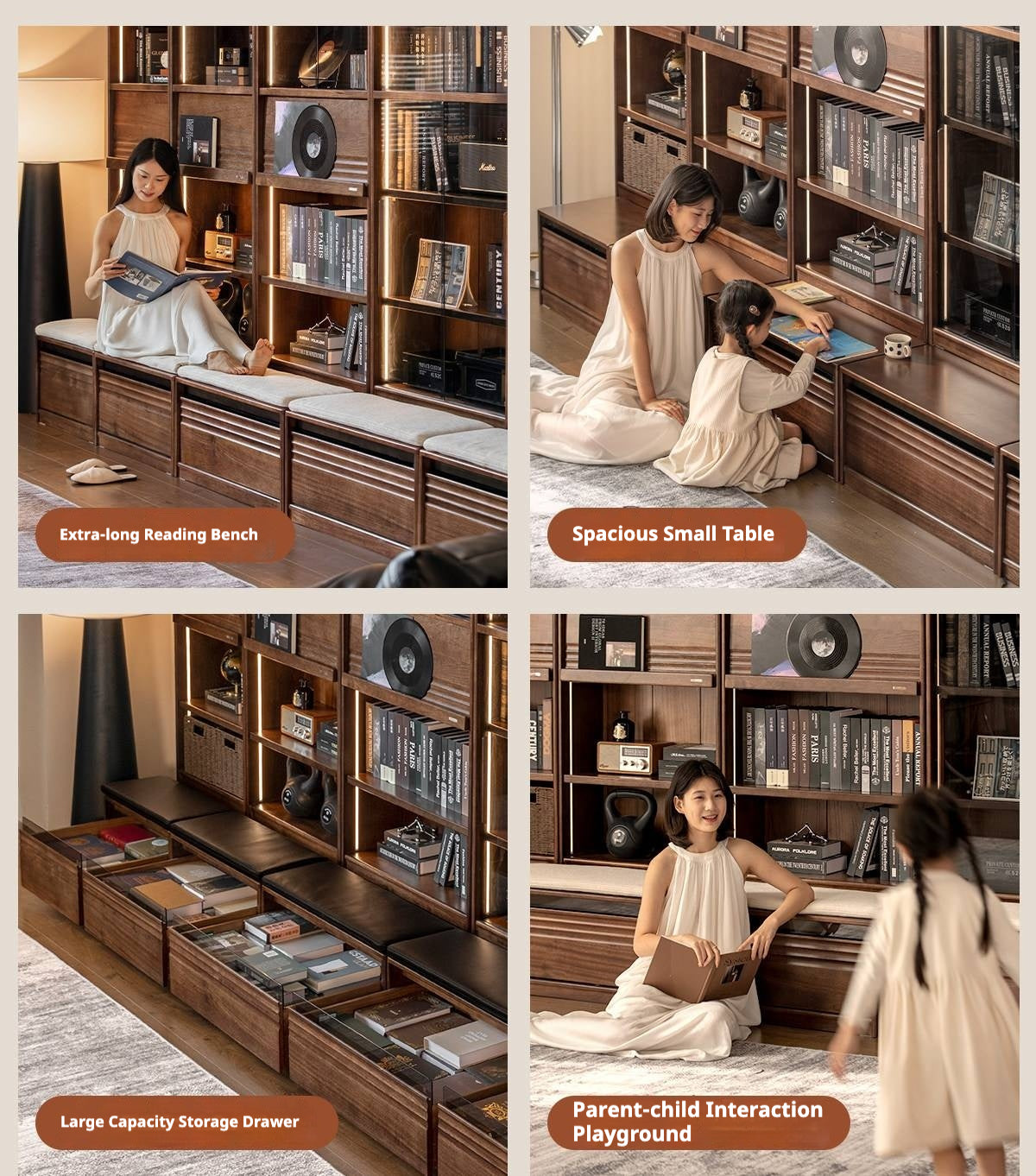 Black Walnut, Ash Solid Wood Combination Bookcase with Floor Display and Luxury Storage
