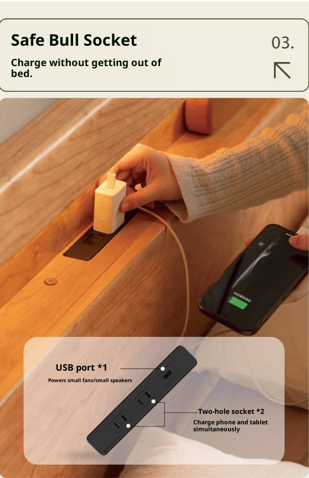 Cherry Solid Wood Retro with Socket Night Light Bed