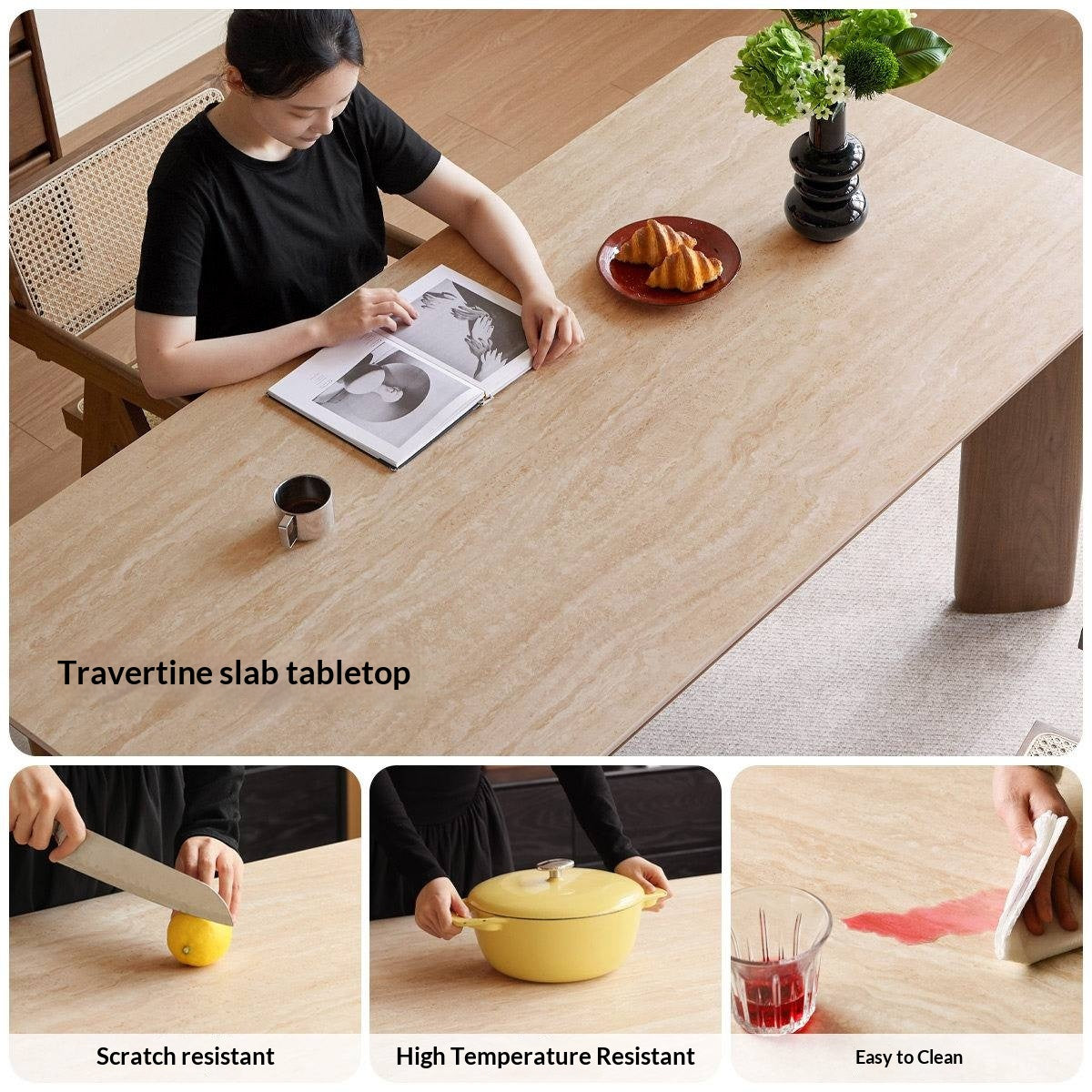 Black Walnut Solid Wood Travertine Slab Light Luxury Dining Table