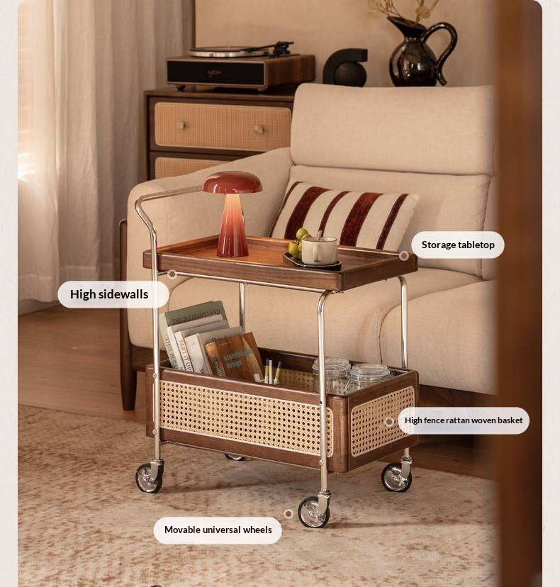 Oak Solid Wood Side Table with Double Layer Storage and Mobile Trolley
