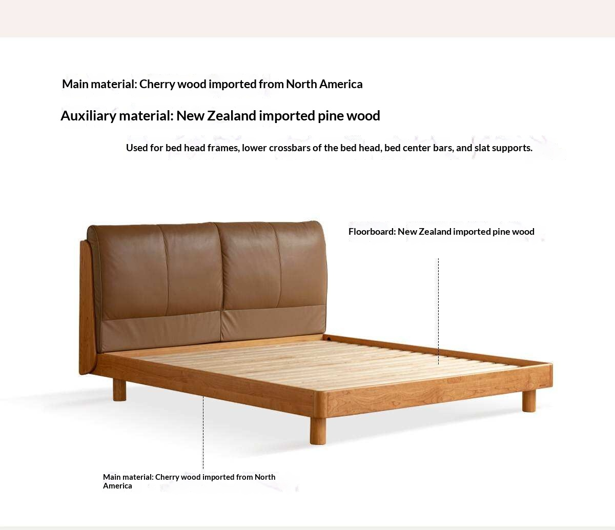 Cherry Solid Wood Bed with Genuine Leather Upholstered Headboard and LED Lighting