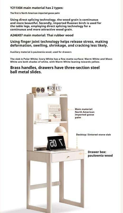 Poplar, Solid Rubberwood Rock Board Desk Bookshelf Integrated White Cream