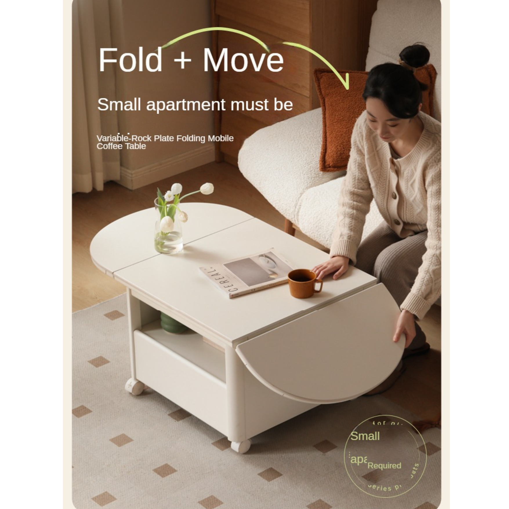 Poplar Solid Wood Folding Rock Board Mobile Coffee Table