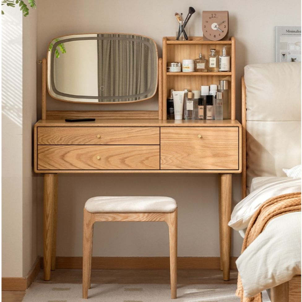 Oak, Ash Solid Wood Vanity Table Lighted Makeup Mirror.