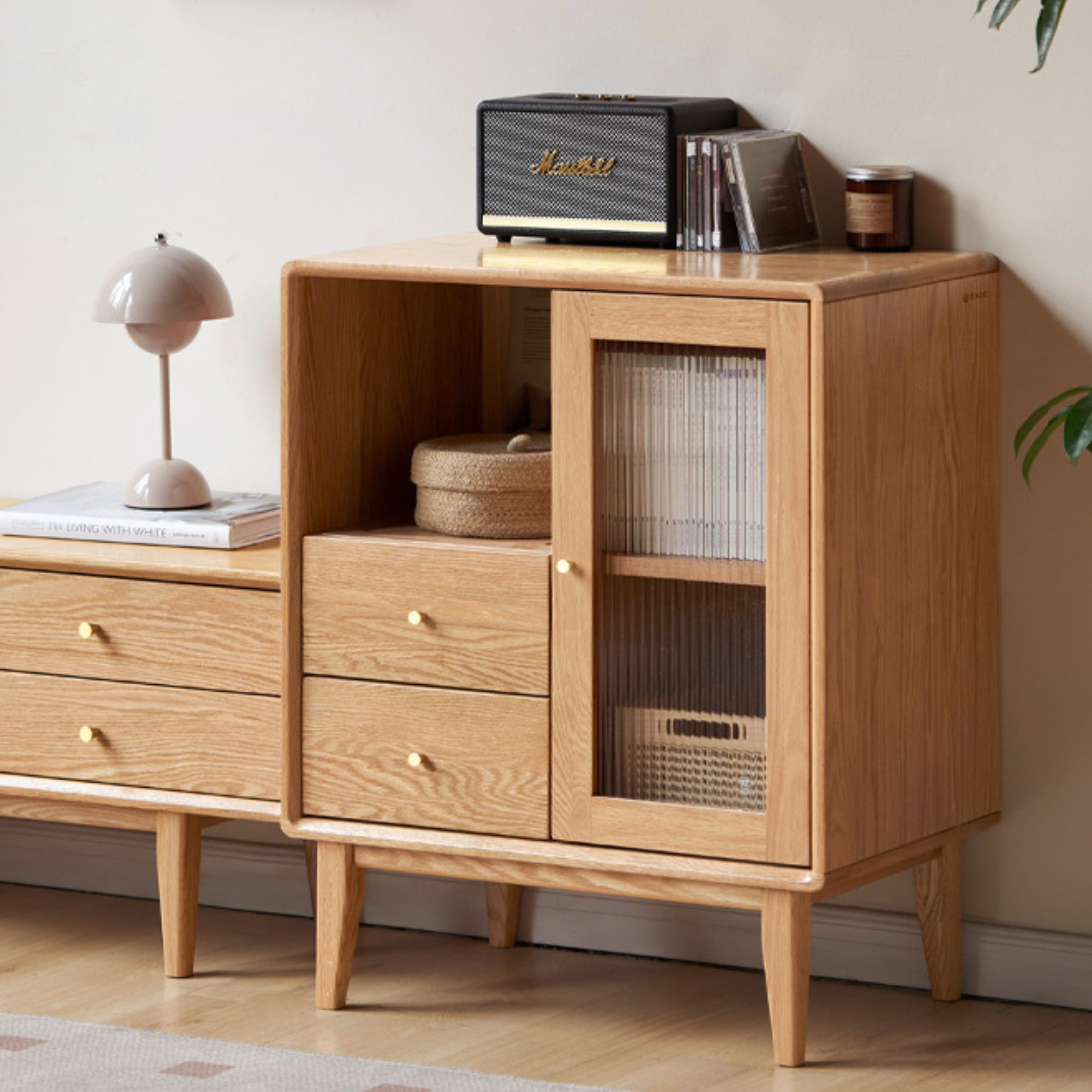 Oak, Beech Solid Wood, Solid Rubberwood Side Cabinet Nordic Style