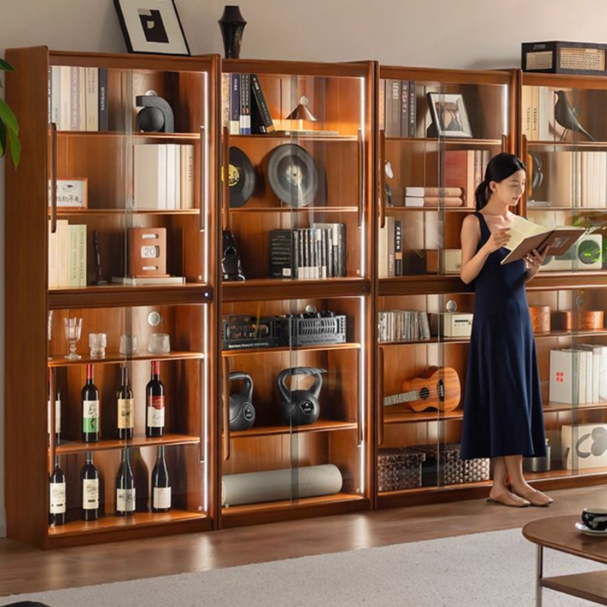 Poplar Solid Wood Vintage Style Glass Bookcase